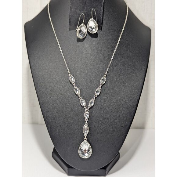 Faceted Clear Rhinestone Y  Necklace Earring Set. - Picture 1 of 9